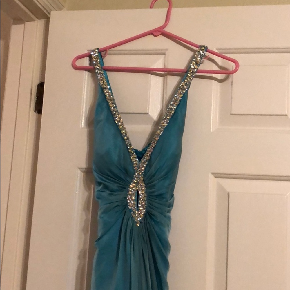 Light blue, rhinestone gown!